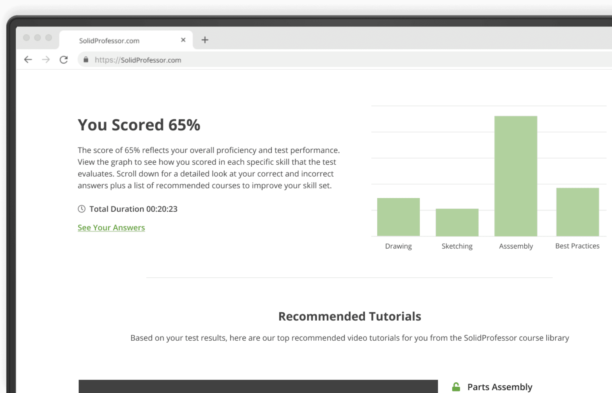 Skills Analyzer results page showing a 65% score with per-skill bar graph and recommended tutorials.